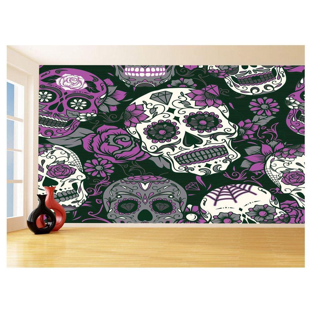 Papel De Parede 3D Arte Caveiras Mexicanas Flor 3,5M Tra90