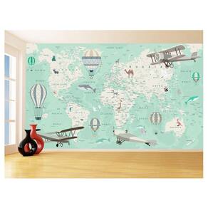 Papel De Parede 3D Mapa Mundi Kids Avião Balão 3,5M Nmu92