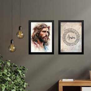 Kit 2 Quadros Jesus Aquarela - Pai Nosso 24X18Cm