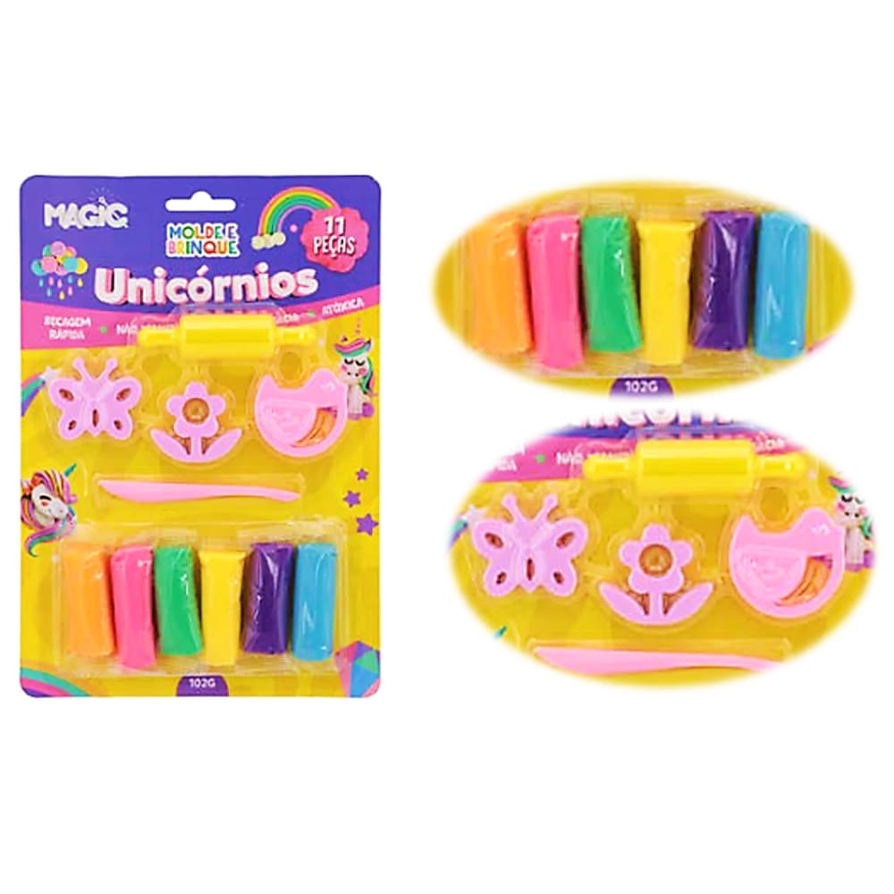 Massa Modelar Molde Brinque Criativa Unicórnio 11Pçs Magic
