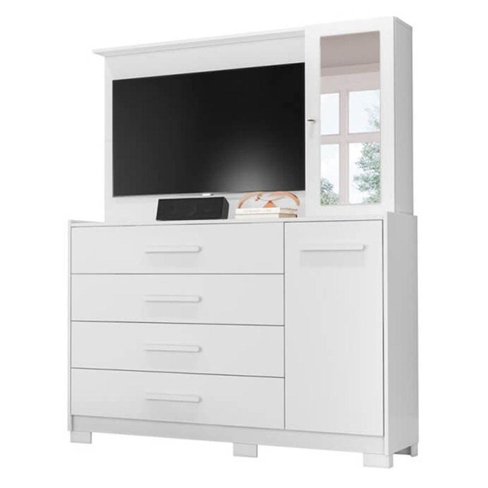 Cômoda Ilhabela com Painel para TV 4 Gavetas 2 Portas e Espelho Albatroz Cor Branco