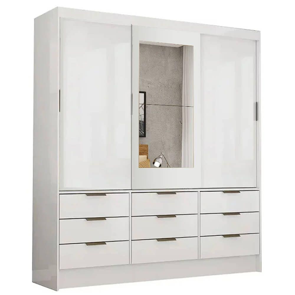Guarda Roupa Sevilha Casal com Espelho 3 Portas 9 Gavetas Carioca Cor Branco