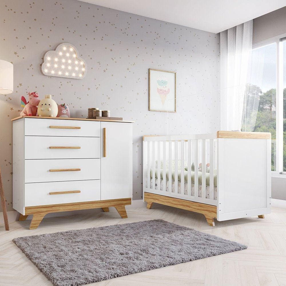 Quarto de Bebê com Cômoda e Berço 100% Mdf Jolie Retrô Espresso Móveis Branco Brilho/Amêndoa