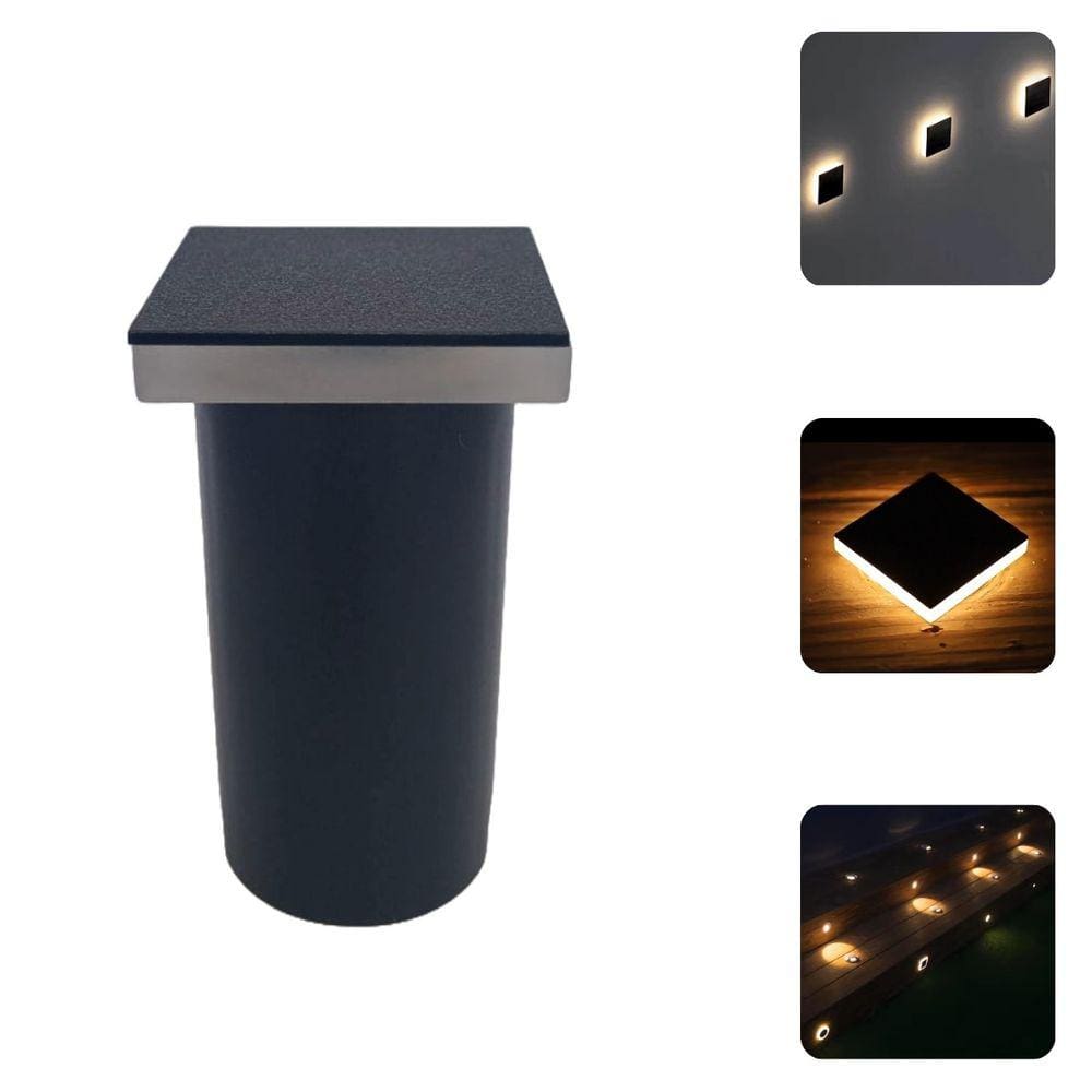 2 Luminárias Balizadores Spots Quadrados Led Em PVC De 3W Luz Branco Quente De Embutir Em Piso Chão Solo Gramado Jardim