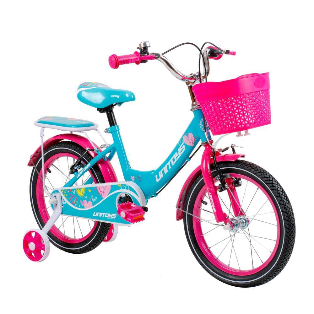 Bicicleta aro 16 Infantil Love Rosa com Azul Tiffany com cestinha e rodas laterais Menina