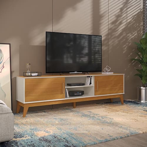 imagem-Rack para Tv Até 65 Polegadas 2 Portas com Puxador em Madeira Maciça Domus 180cm Retrô - Off White 