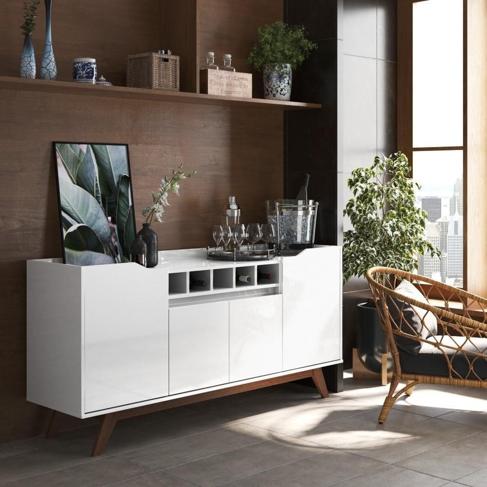Buffet Aparador 4 Portas Com Adega Pés Em Madeira Maciça Luxo 152cm