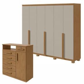 Conjunto de Guarda-Roupa Alonzo com pés e Cômoda Da Vinci com Nicho Amêndoa Clean/Off White