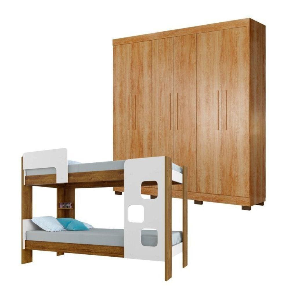 Quarto Infantil/Juvenil com Beliche 100% MDF Vegas e Guarda Roupa 6 Portas 4 Gavetas Flórida Branco/Amadeirado