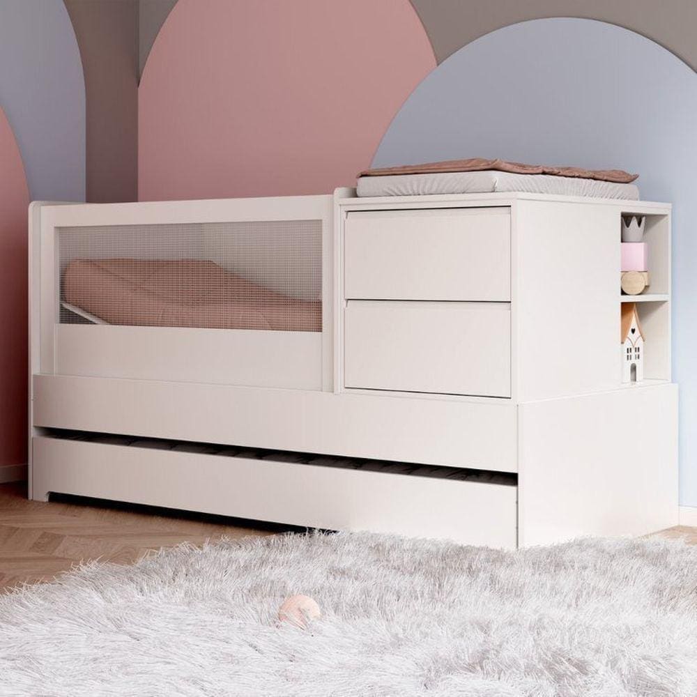 Berço Multifuncional com Cama Auxiliar Cômoda 2 Gavetas 2 Nicho Sol e Mar com Colchão Branco