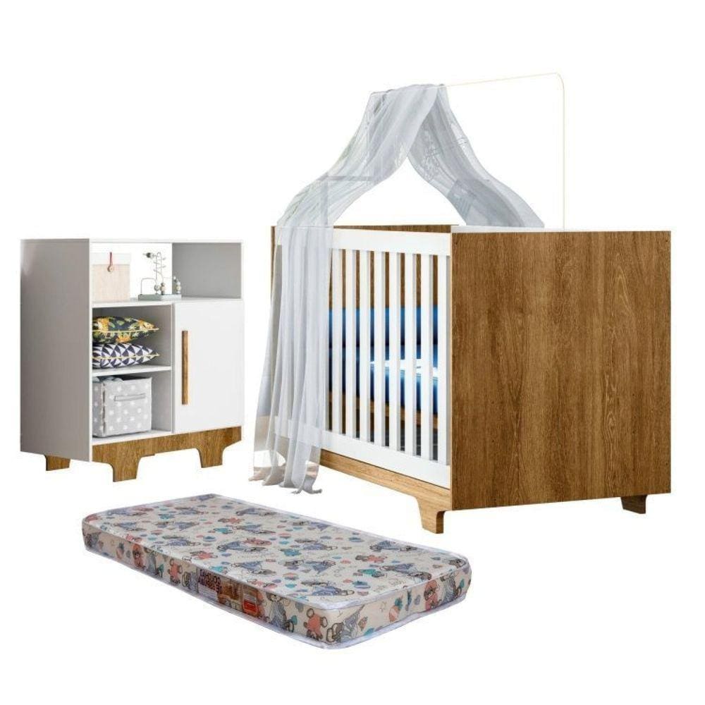 Quarto de Bebê com Berço Mini Cama com Colchão Life e Cômoda 100% Mdf 1 Porta 3 Prateleiras Flocos Branco/Madeirado Ypê