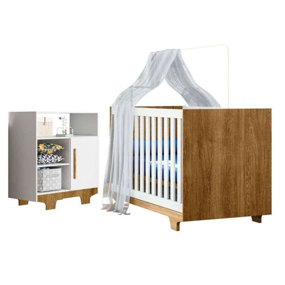 Quarto de Bebê com Berço Mini Cama 100% Mdf Life e Cômoda 100% Mdf 1 Porta 3 Prateleiras Flocos Branco/Madeirado Ypê