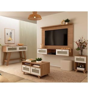 Sala de Estar Completa Painel para Tv com Mesas de Apoio e Centro com Aparador Palha Cinamomo/Off White