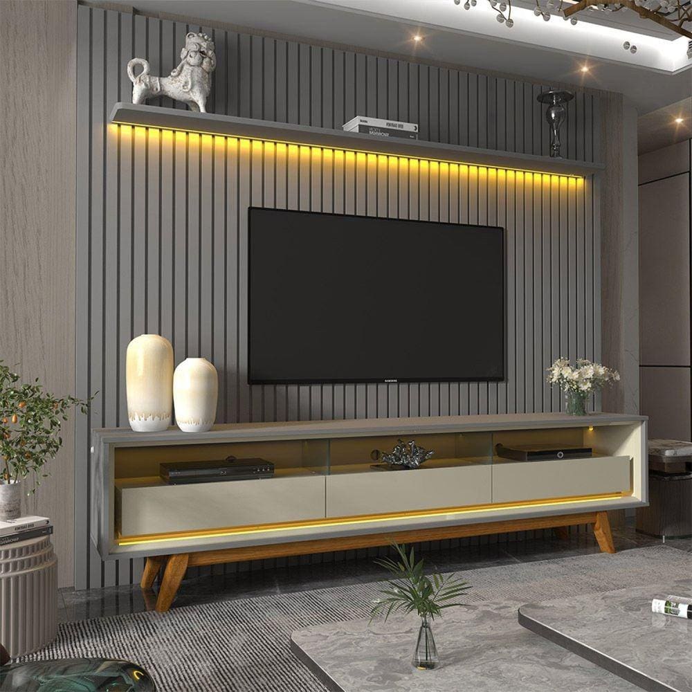 Rack com Painel Ripado para Tv até 85 Polegadas Led 3 Gavetas com Pés 230cm Nobre Cinza/Cinza/Off White