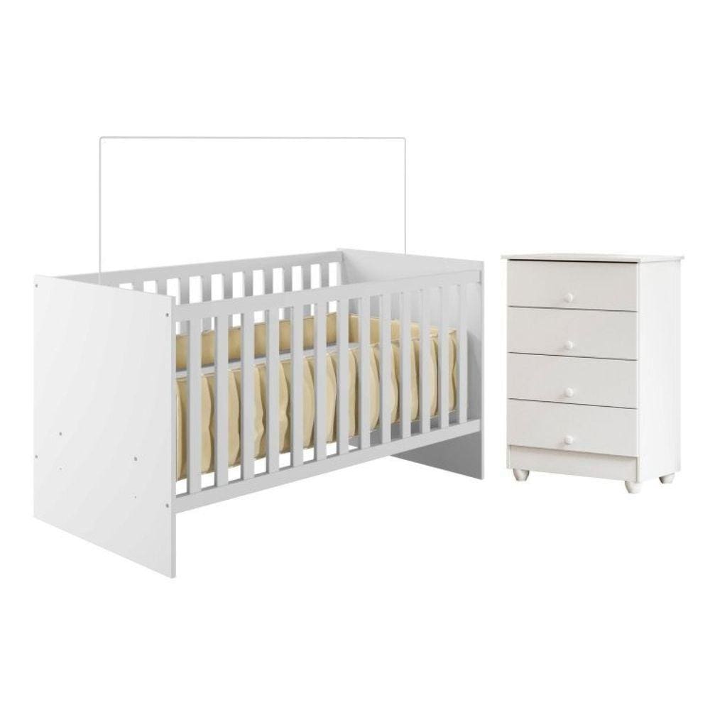 Quarto de Bebê com Berço com Suporte 100% Mdf Life e Cômoda de Bebê 100% Mdf 4 Gavetas Soft Life Branco