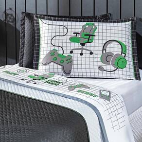 Jogo de Cama Game Streamer Branco/Verde SOLTEIRO 03 Peças - Percal 200 Fios