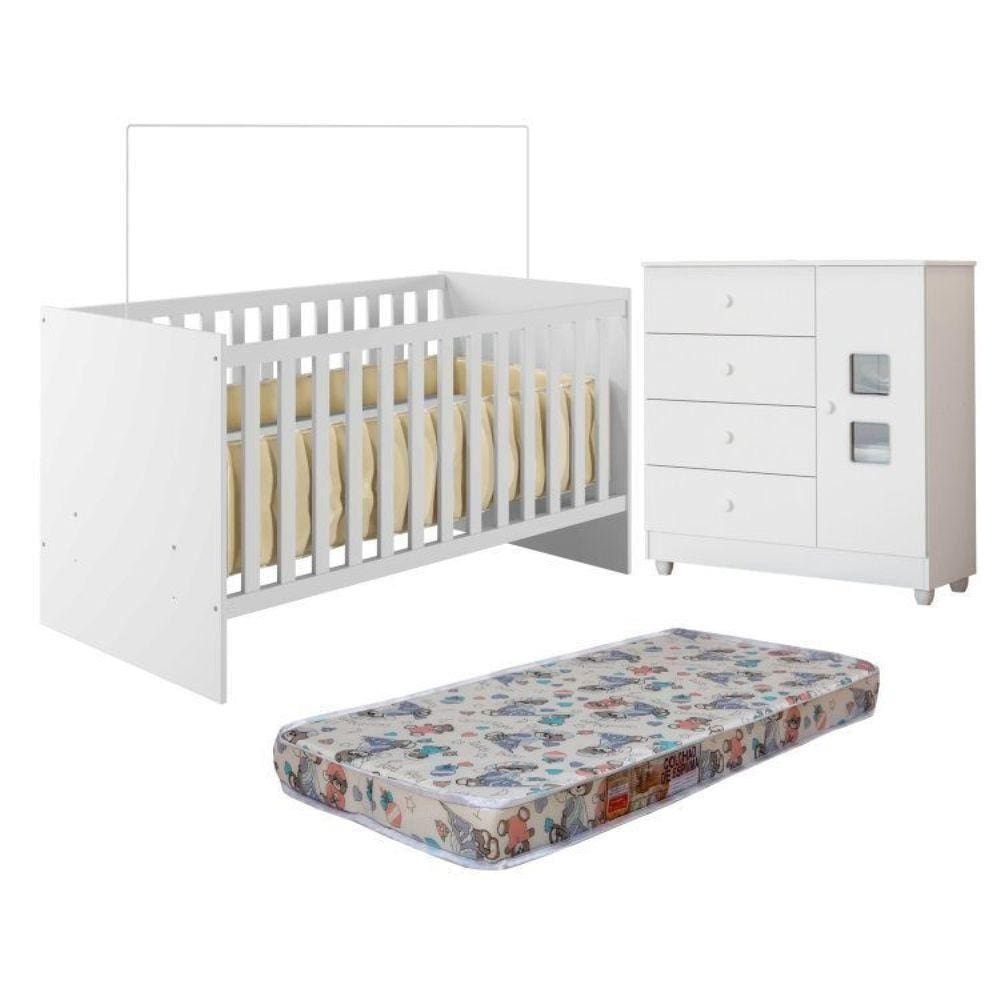 Quarto de Bebê com Berço com Colchão Life 100% Mdf e Cômoda de Bebê 100% Mdf 1 Porta 4 Gavetas Life Branco