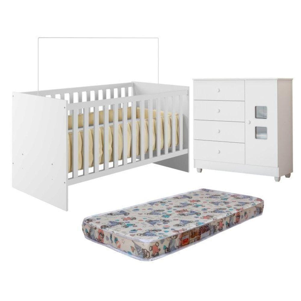 Quarto de Bebê com Berço com Colchão Suporte Life 100% Mdf e Cômoda 100% Mdf 1 Porta 4 Gavetas Life Branco
