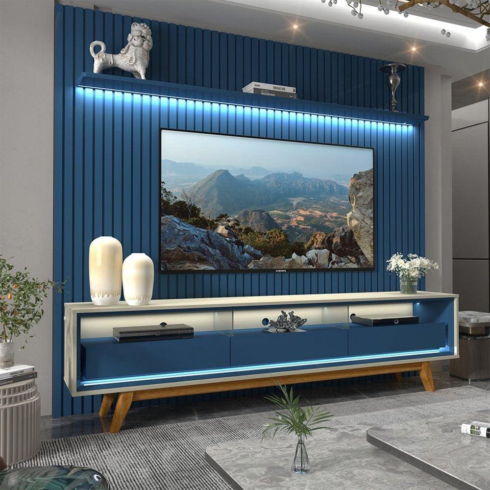 Rack com Painel Ripado para Tv até 85 Polegadas Led 3 Gavetas com Pés 230cm Nobre Azul Royal/Off White