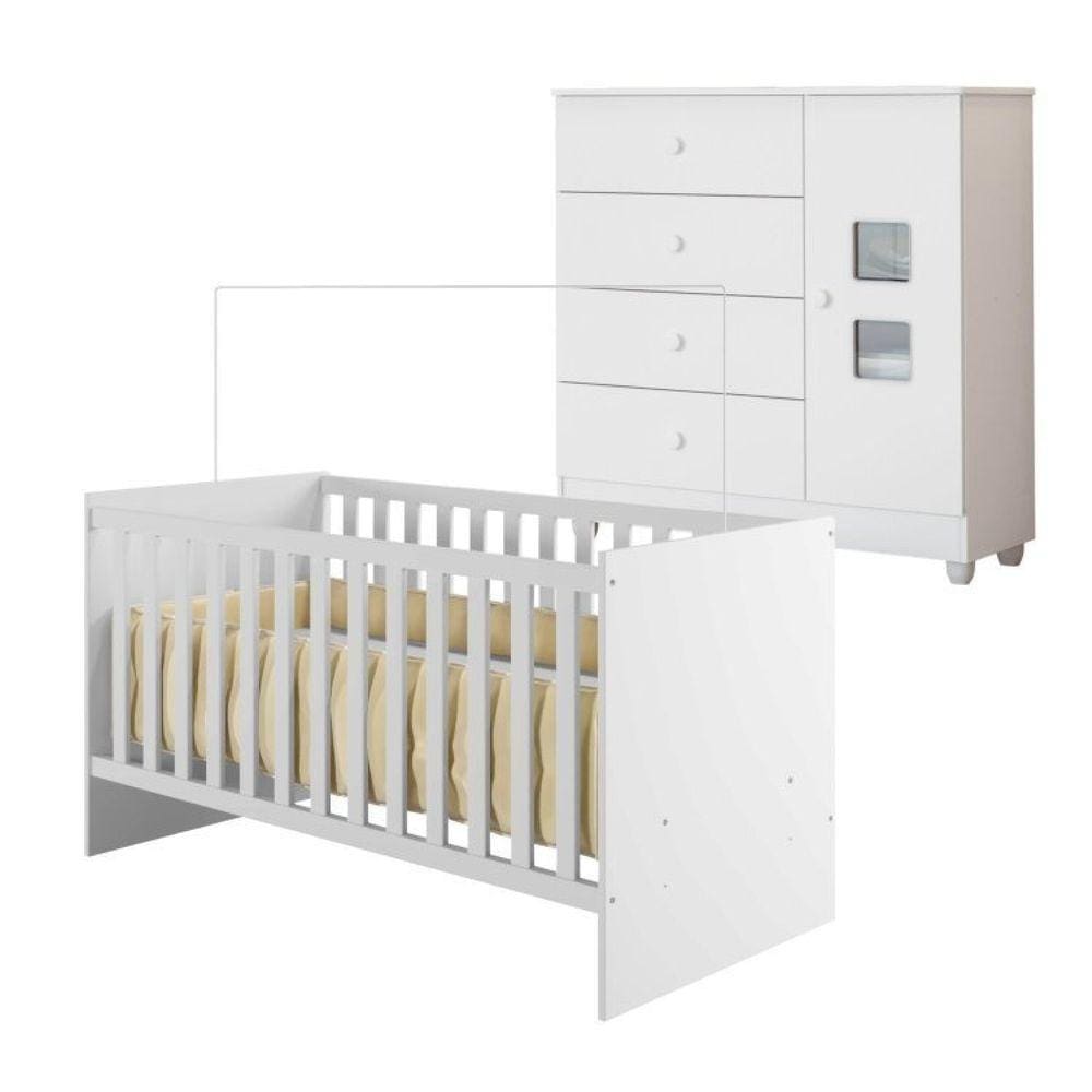Quarto de Bebê com Berço com Suporte 100% Mdf Life e Cômoda de Bebê 100% Mdf 1 Porta 4 Gavetas Life Branco