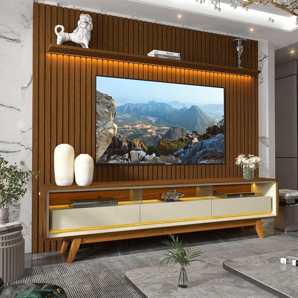 Rack com Painel Ripado para Tv até 85 Polegadas Led 3 Gavetas com Pés 230cm Nobre Castanho/Off White