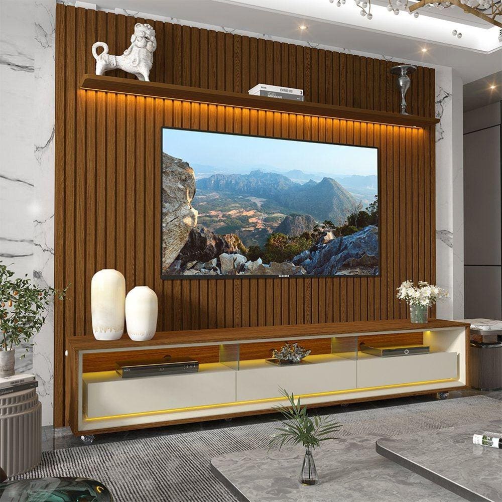 Rack com Painel Ripado para Tv até 85 Polegadas Led 3 Gavetas com Rodízios 230cm Naturale Castanho/Off White