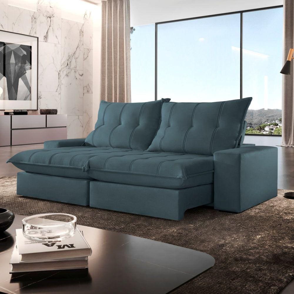 Sofá Retrátil e Reclinável com Catraca Blindada 230cm Porto New Electra/Azul