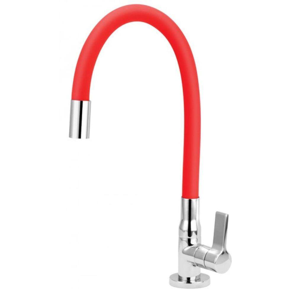 Torneira Cozinha Mesa Bica Articulada Versata Cromado e Vermelho