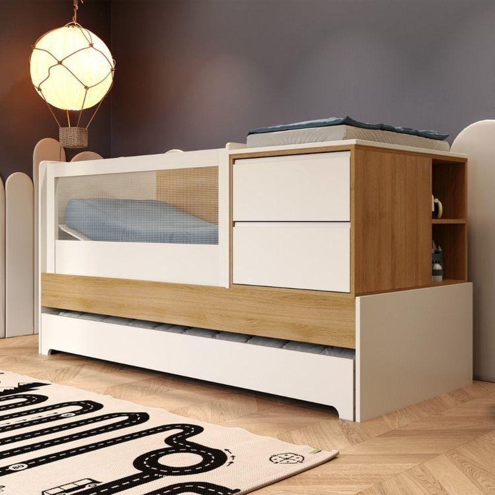 Berço Multifuncional com Cama Aux Cômoda 2 Gavetas 2 Nicho Sol e Mar com Colchão Branco/Carvalho Treviso