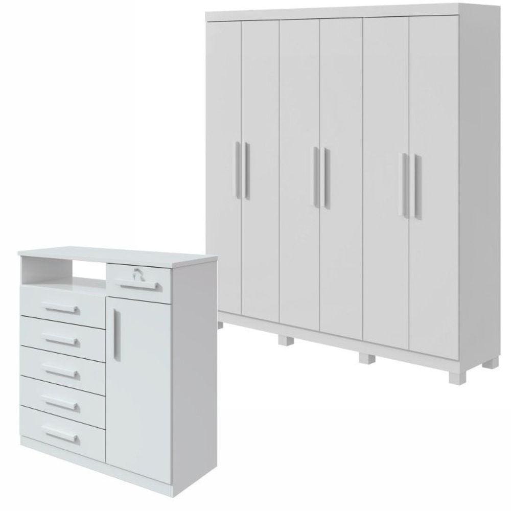 Conjunto de Guarda-Roupa 6 Portas com Pés Jazz e Cômoda Da Vinci Branco