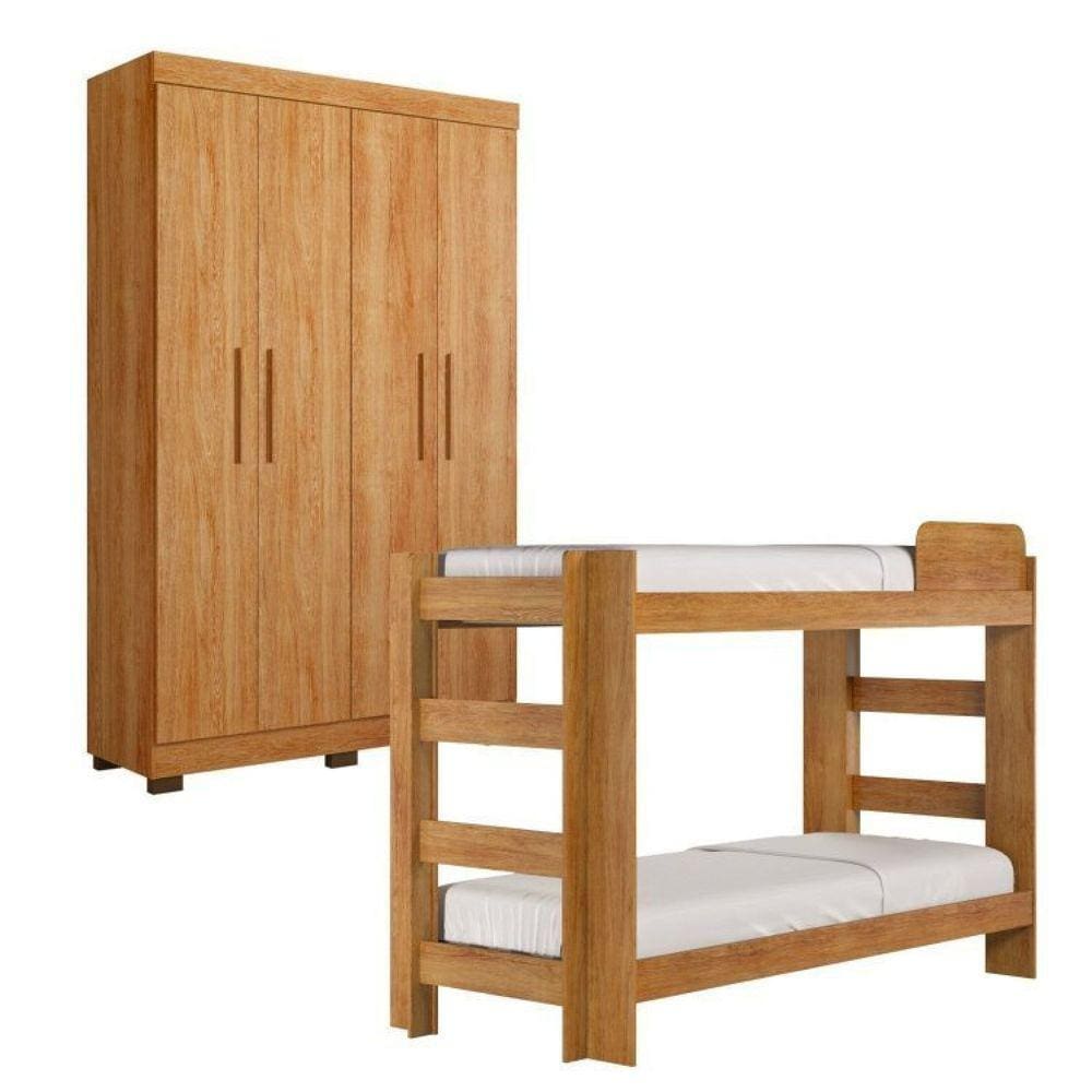 Quarto Infantil/Juvenil com Beliche Flórida e Guarda Roupa 4 Portas 3 Gavetas Flórida 100% MDF Amadeirado