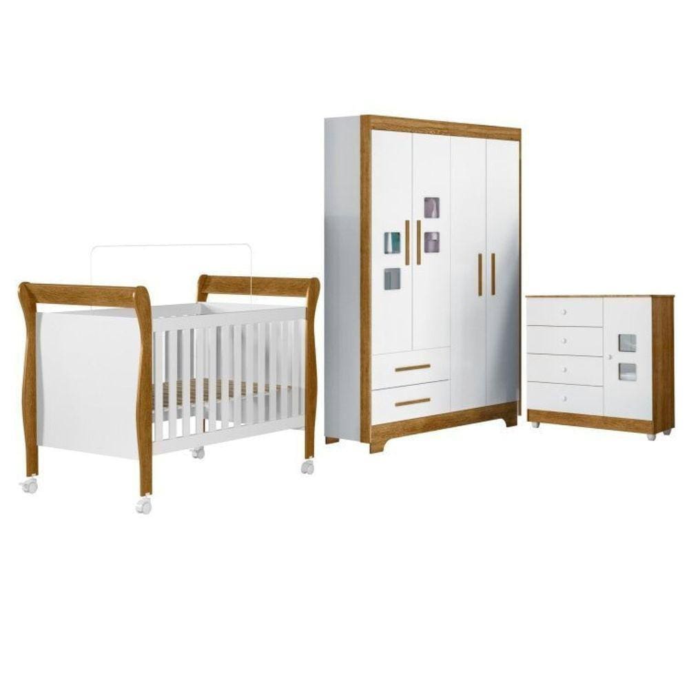 Quarto de Bebê com Berço Mini Cama Slim, Cômoda 1 Porta 4 Gavetas e Roupeiro 4 Portas 2 Gavetas Branco/Madeirado Ypê