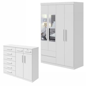 Conjunto de Guarda-Roupa Solteiro com Espelho 4 Portas 2 Gavetas Zeuse Cômoda Toronto Branco