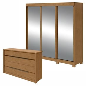 Conjunto de Guarda-Roupa 3 Portas 3 Gavetas Saion Plus Super Glass com Pése Cômoda 8 Gavetas Urban Amêndoa Clean/Off White/Amêndoa Clean