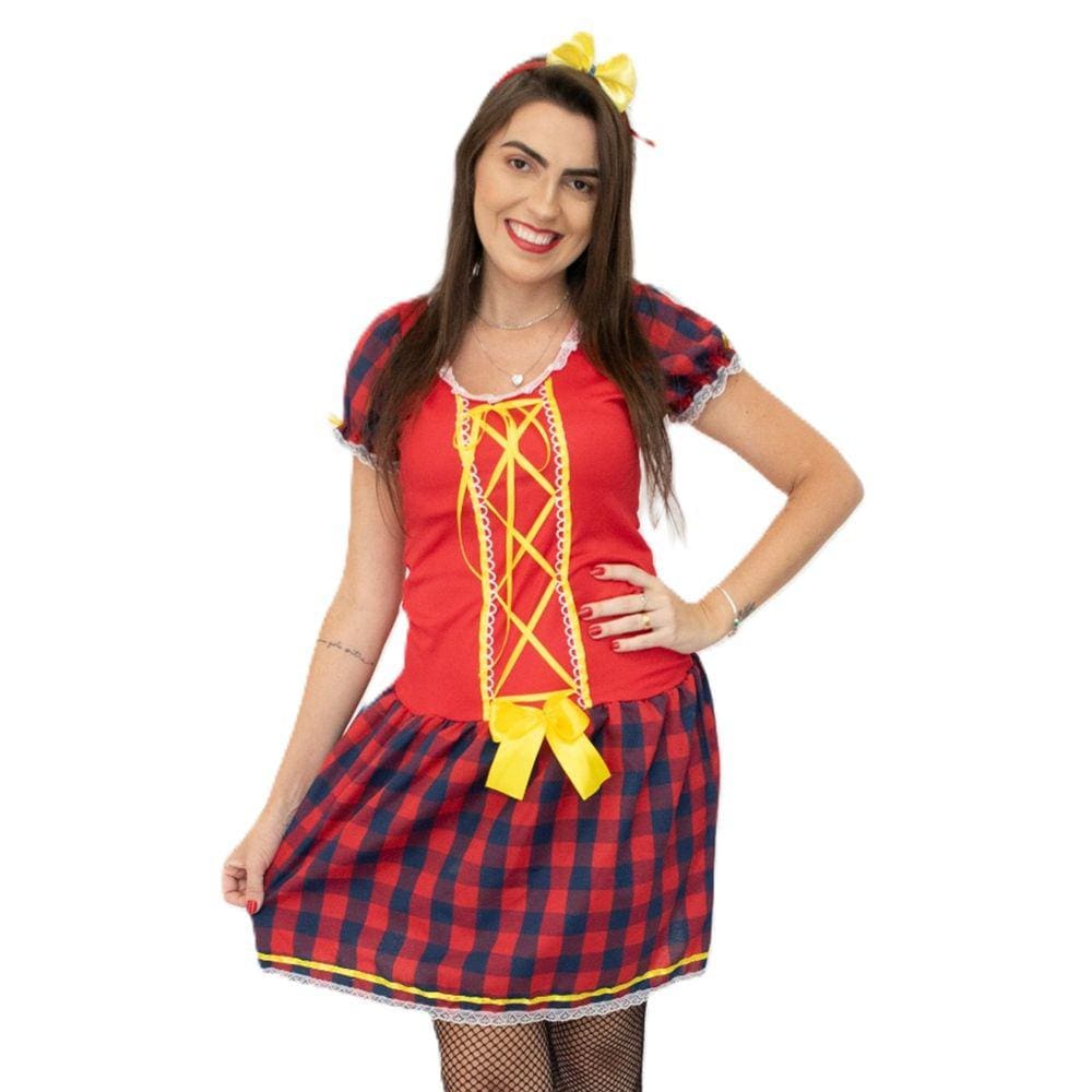 Vestido Feminino Junino Xadrez Vermelho Festa Junina c/ Arco