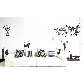 Adesivo Decorativo De Poste Com Gatos Brincando E Arvore