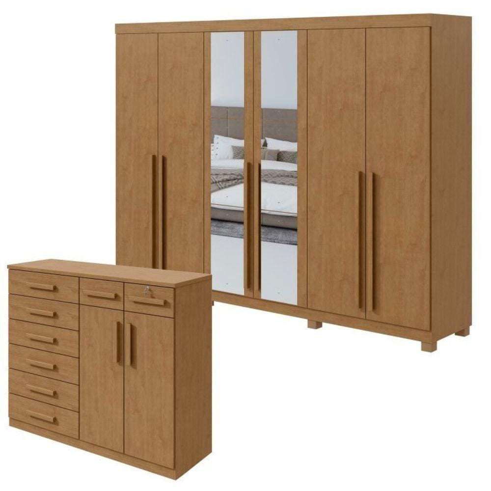 Conjunto de Guarda-Roupa 6 Portas com Espelho e Pés Bertha com Cômoda Toronto Amêndoa Clean