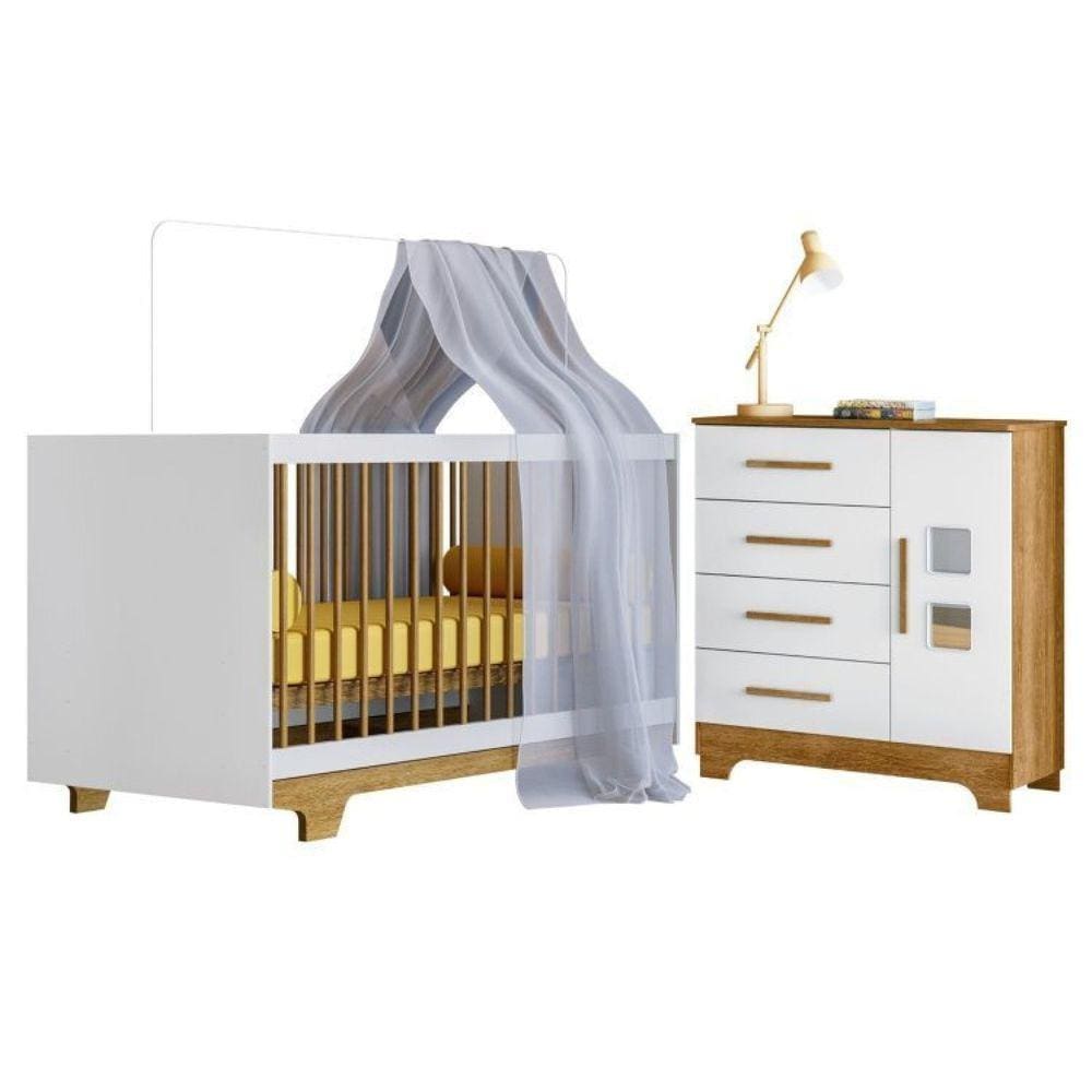 Quarto de Bebê com Berço Mini Cama 100% Mdf Flocos e Cômoda 4 Gavetas 1 Porta Fly 100% Mdf Branco/Madeirado Ypê