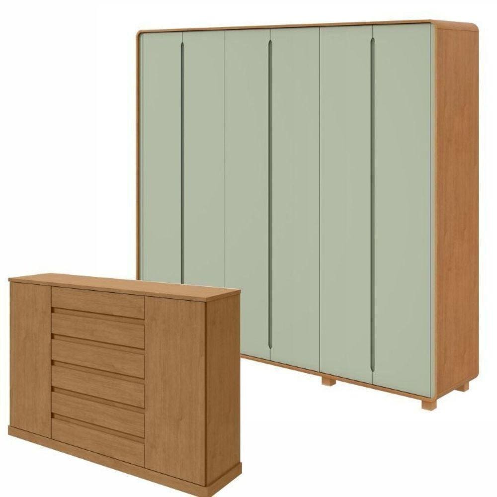 Conjunto de Guarda-Roupa Casal Loop 6 Portas com Pés e Cômoda 2 Portas Vedra  Amendoa Clean/Salvia