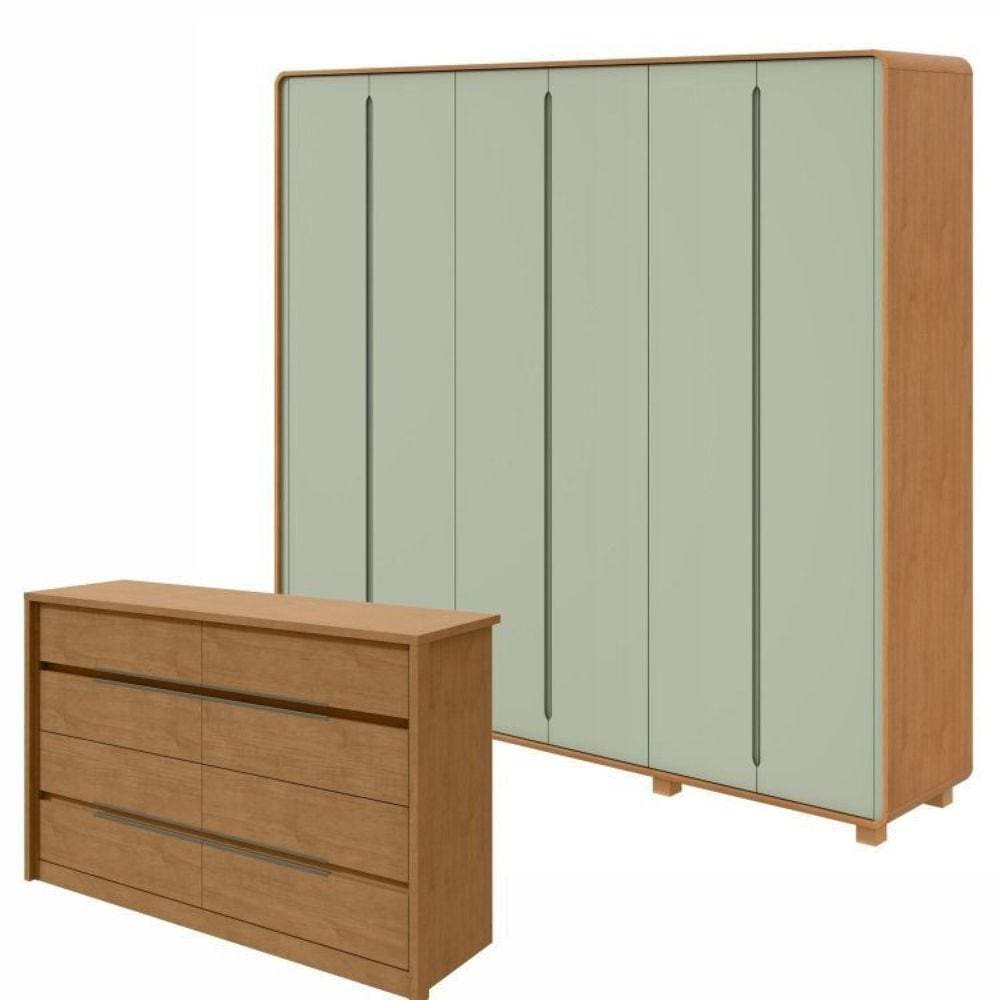 Conjunto de Guarda-Roupa Casal Loop 6 Portas com Pése Cômoda 8 Gavetas Urban Amendoa Clean/Salvia