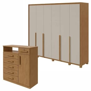 Conjunto de Guarda-Roupa 6 Portas com Pés Imperatore com Cômoda Da Vinchi Amêndoa Clean/Off White