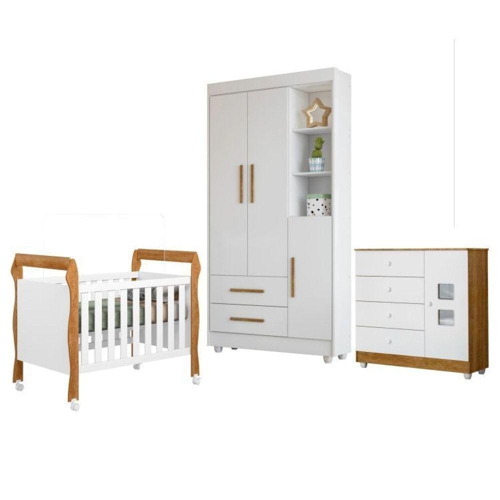 Quarto de Bebê Berço Mini Cama, Cômoda Porta 4 Gavetas Life e Roupeiro Flocos 3 Portas 2 Gavetas Branco/Madeirado Ypê