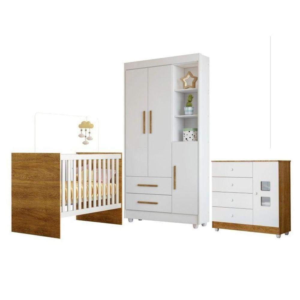 Quarto de Bebê com Berço com Suporte, Cômoda 1 Porta 4 Gavetas e Roupeiro Flocos 3 Portas 2 Gavetas Branco/Madeirado Ypê