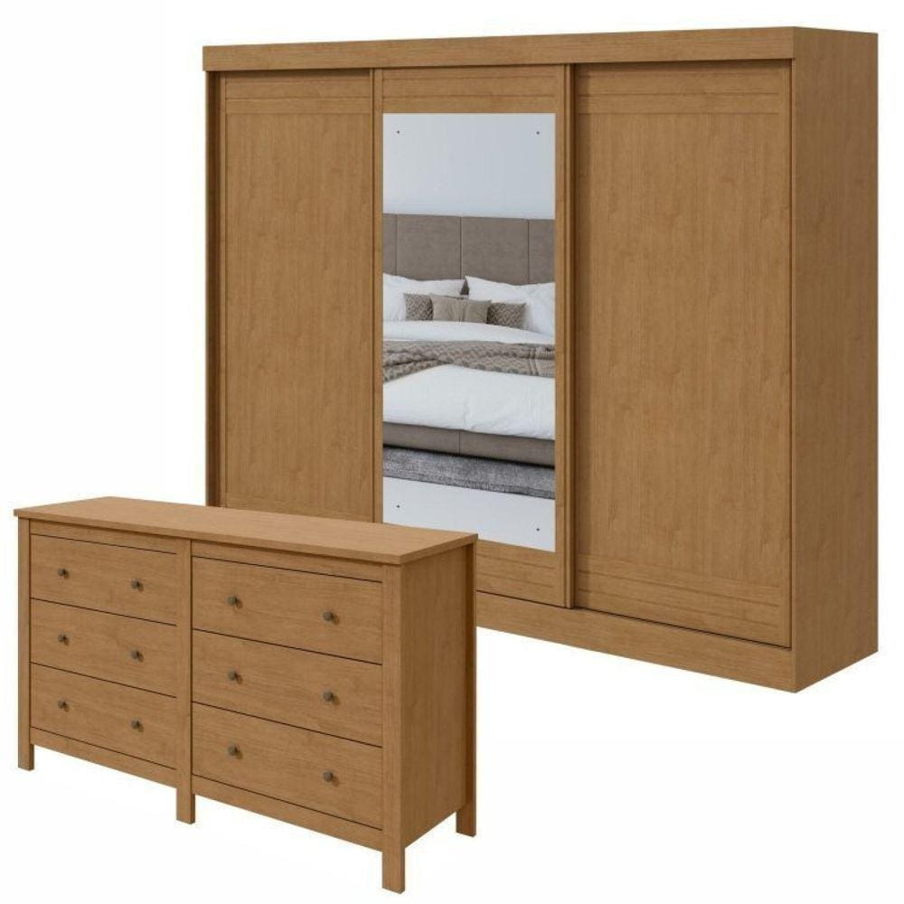 Conjunto de Guarda-Roupa 3 Portas 4 Gavetas Nice com Espelhoe Cômoda 6 Gavetas Maggiore New Amêndoa Clean/Off White