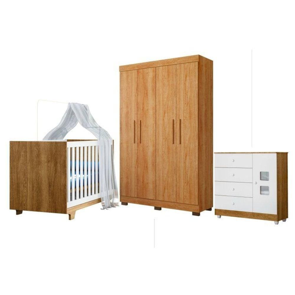 Quarto de Bebê com Berço Mini Cama, Cômoda 1 Porta 4 Gavetas e Roupeiro 4 Portas 3 Gavetas Branco/Madeirado Ypê