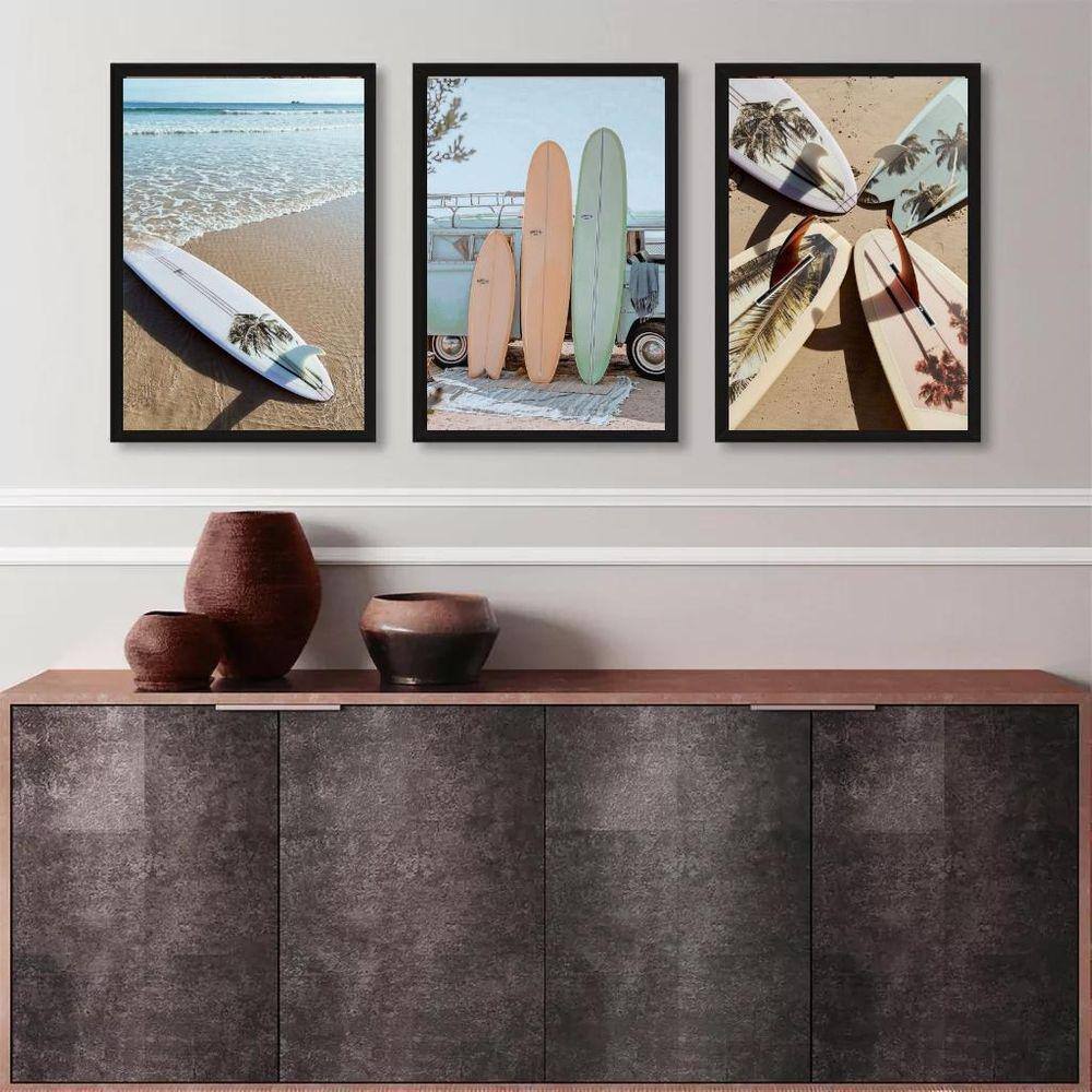 Kit 3 Quadros Coleção Praia Surf - Pranchas 33X24Cm - Vidro
