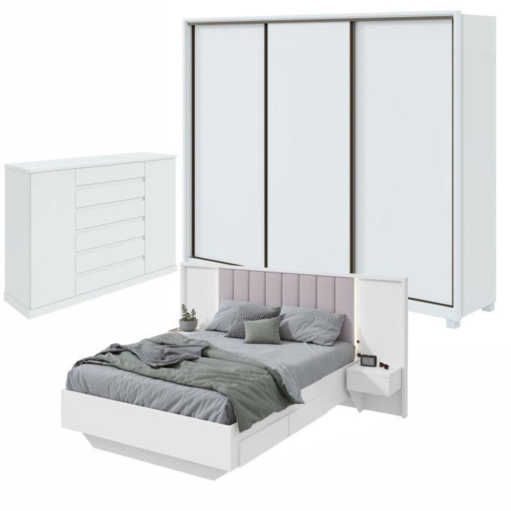 Quarto com Guarda-Roupa Casal 3 Portas 6 Gavetas, Cômoda 2 Portas 7 Gavetas e Cama Solaris Branco