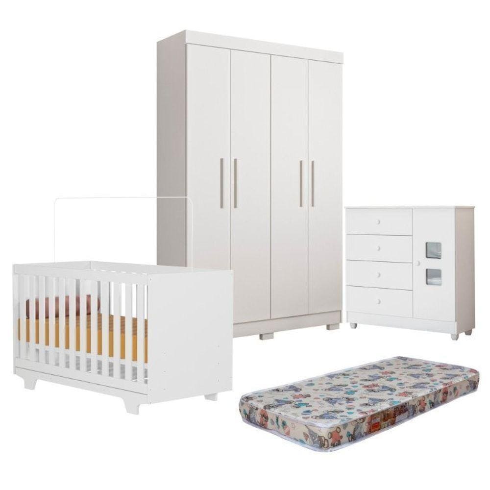 Quarto de Bebê Berço Mini Cama com Colchão, Cômoda 1 Porta 4 Gavetas e Roupeiro 4 Portas 3 Gavetas Branco