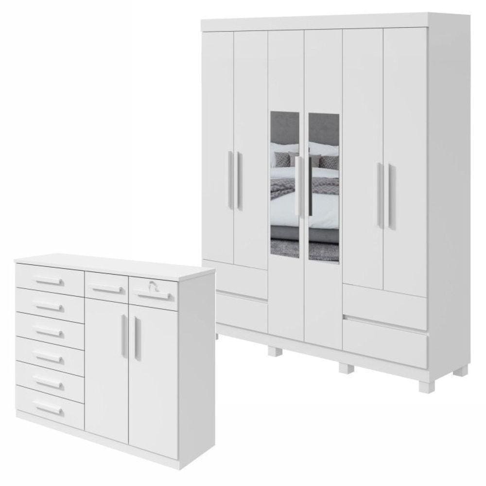 Conjunto de Guarda-Roupa 6 Portas 4 Gavetas Zeus com Espelho e com Pése Cômoda Toronto Branco