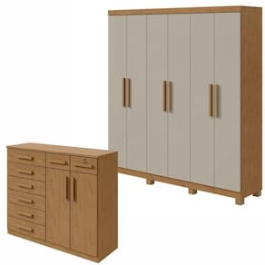 Conjunto de Guarda-Roupa 6 Portas com Pés Jazz e Cômoda Toronto Amêndoa Clean/Off White